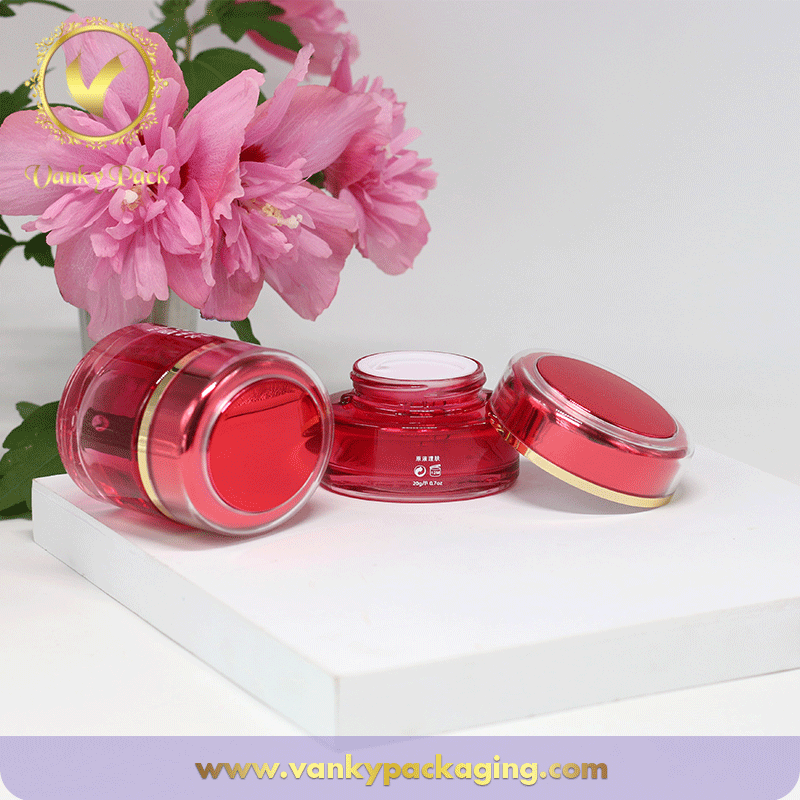 Hot Sale Flat Round Cream Glass Jar With Red Color UV Printing And Cap