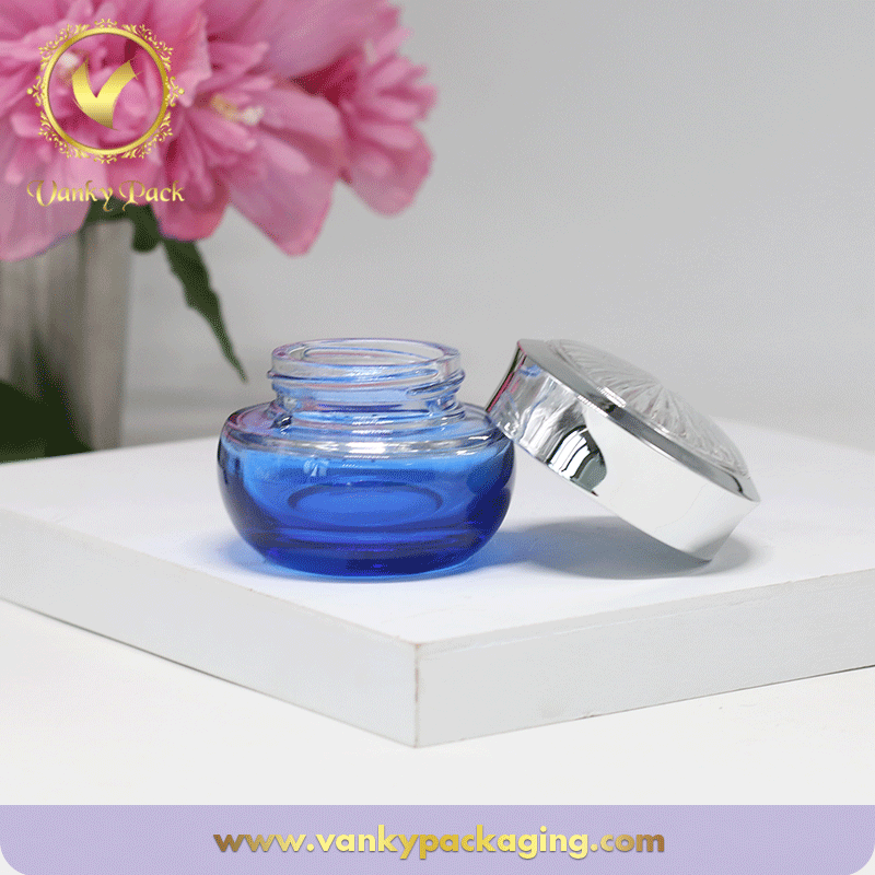 Blue Colored Cosmetic Glass Jar With Sliver Screw Cap Packaging