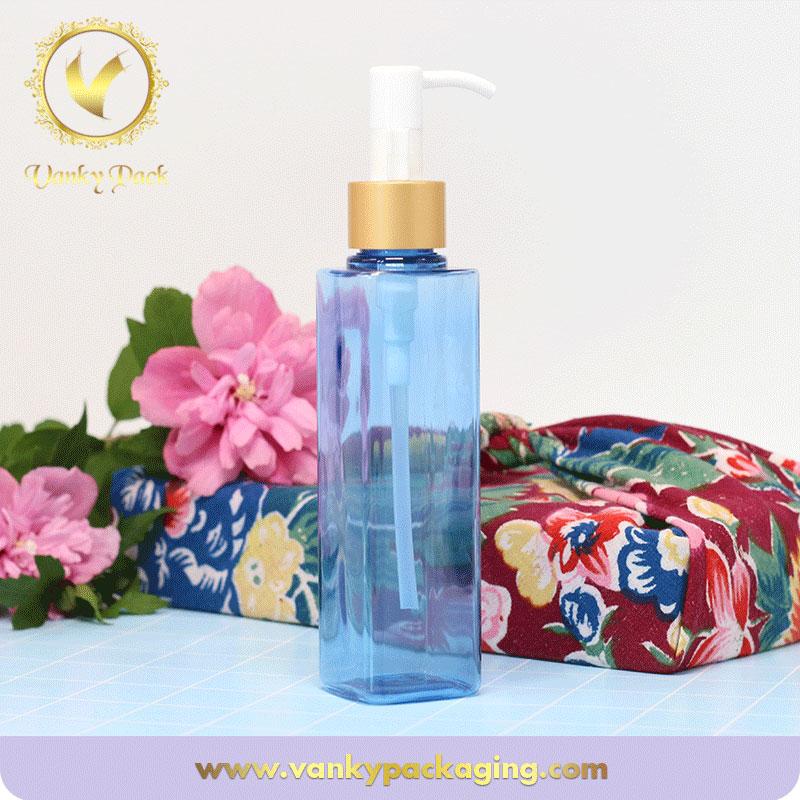 China wholesale blue transparent cosmetic plastic bottle made of PET