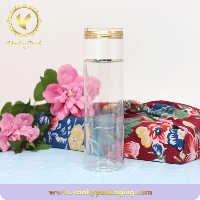 Luxury wholesale transparent cosmetic PET plastic bottle with screw cap