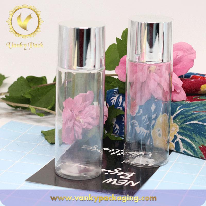 Fashion design transparent cosmetic PET plastic bottle with aluminum cap