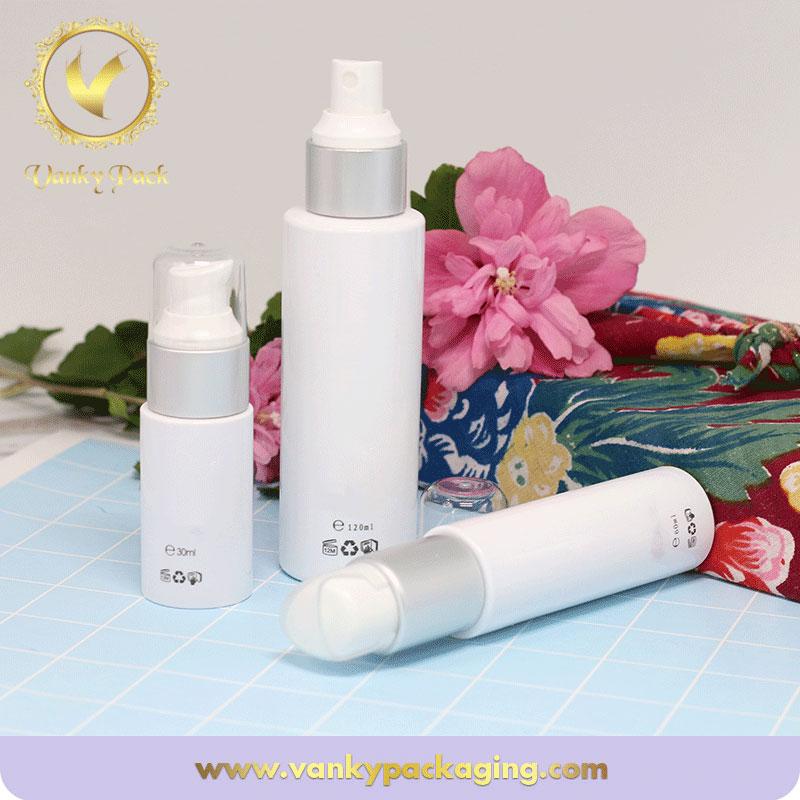 Luxury white lotion or essence packaging plastic PET bottle with pump