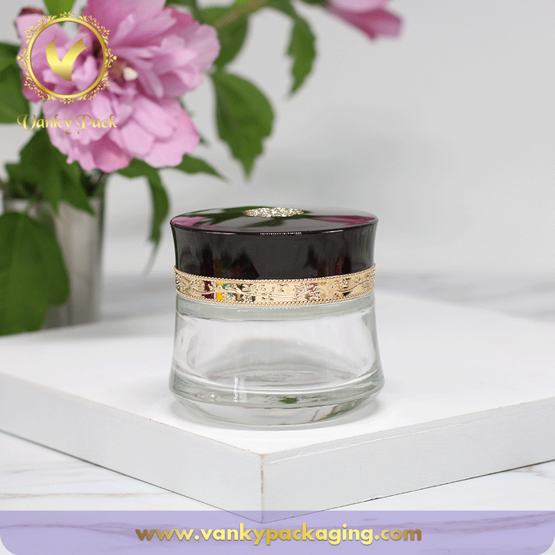 Top Sale Royal Style 50g Clear Glass Face Cream Cosmetic Jar with Special Design Screw Cap