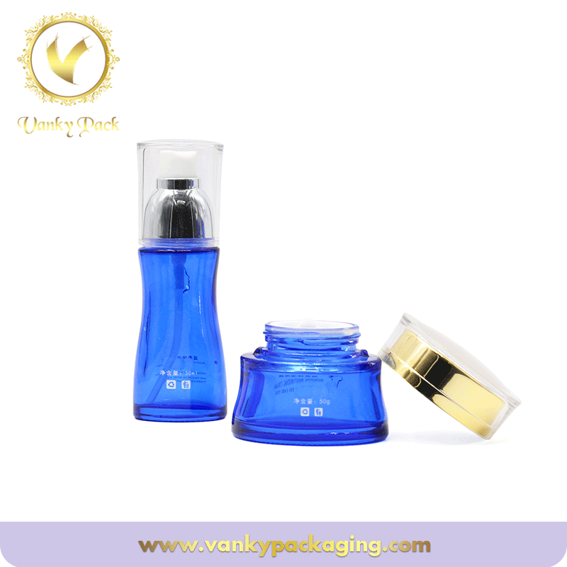 New Products blue Serum Glass Bottle For Cosmetics With Pump