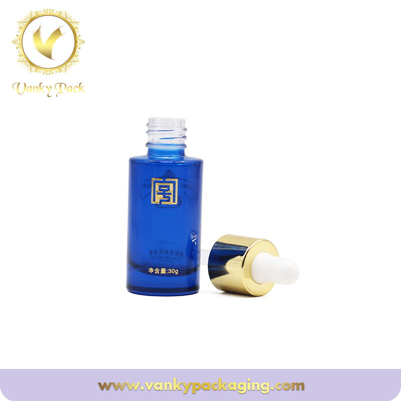 Blue paintied Cosmetic Glass Bottle With gold dropper 30ml