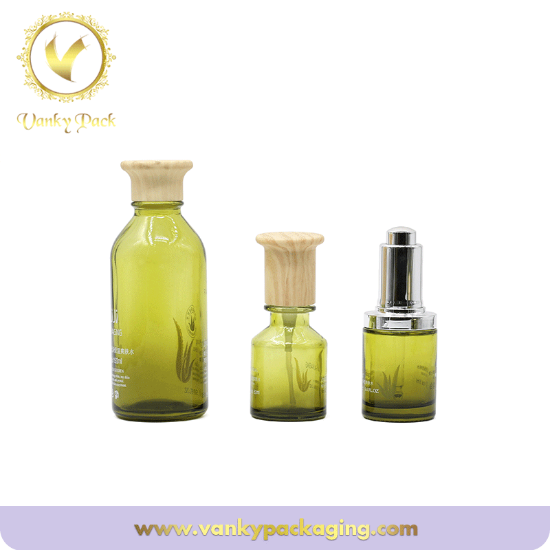 Eco-friendly Cosmetic Packaging  Glass Vials With wooden printing Cap