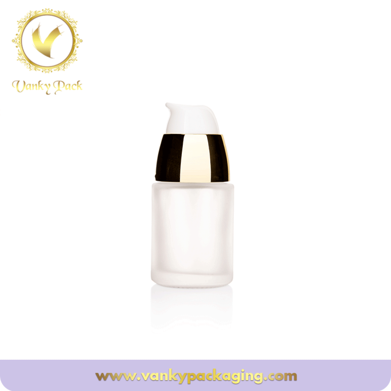 Cosmetic frosted glass foundation bottle with plastic pump