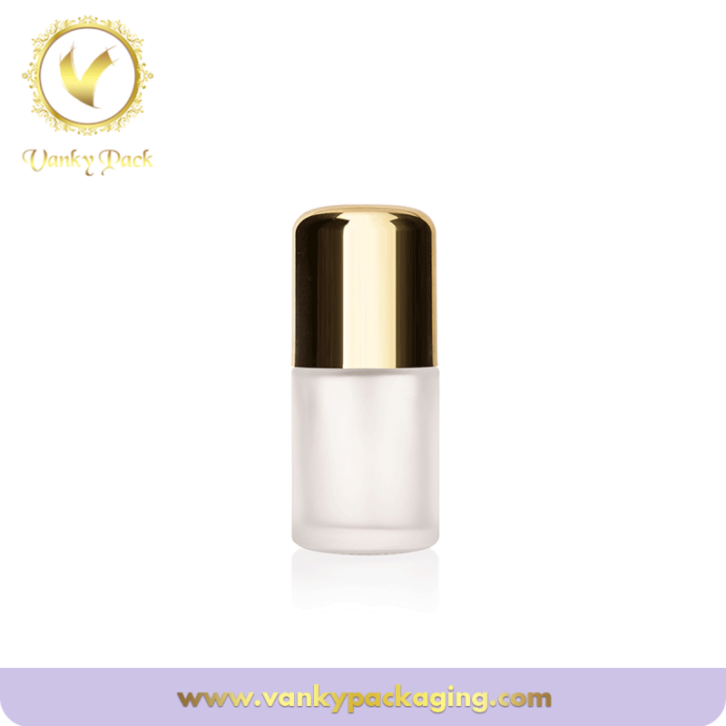 Frosted glass cosmetic foundation bottle with golden cap