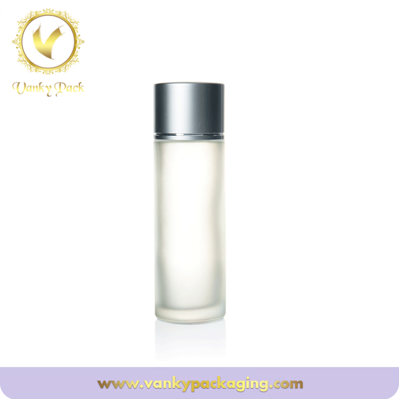 Cosmetic glass lotion toner bottle With silver aluminum cap