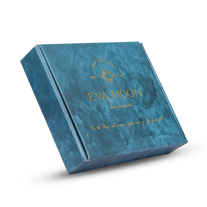 Luxury blue color coated corrugated paper box with gold hot stamping