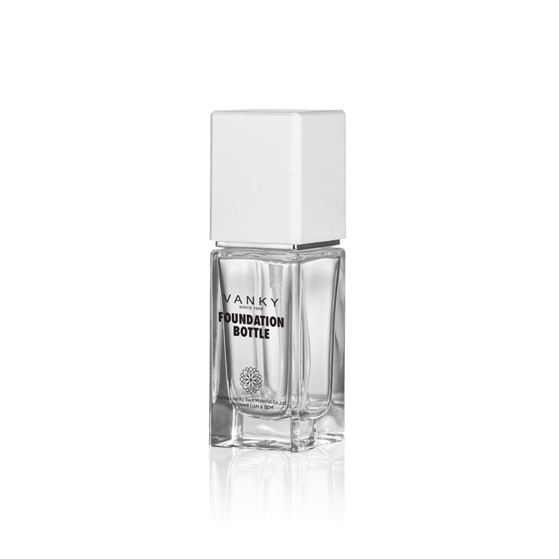 30ml Square shape clear glass customized design foundation bottle with press pump and white cap